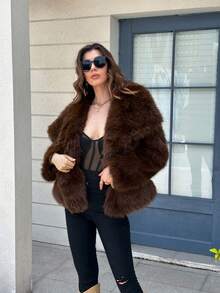 Seelio秋冬新款加厚仿狐狸毛连帽中长款仿皮草外套青春优雅 - 棕色 - 查看 7