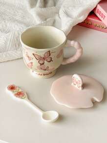 Tasse mit Cartoon-Motiv, Deckel und Löffel, Keramikbecher, schönes Geschenk für Mädchen, Souvenirbegleiter, Kaffeetasse, Paartasse