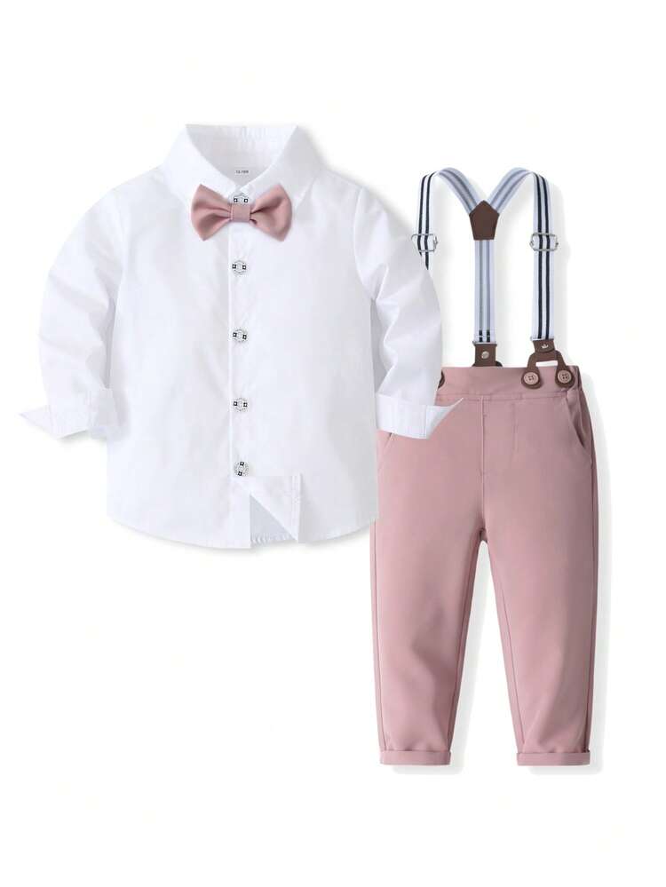 4pcs/Set Boys' Gentleman Suit Set, Spring & Autumn, White Long Sleeve Shirt + Suspender Pants, With Tie & Bow Tie, Suitable For Formal Occasions, Festivals, Performances, Weddings, Birthdays, Casual Outings - White - View 1