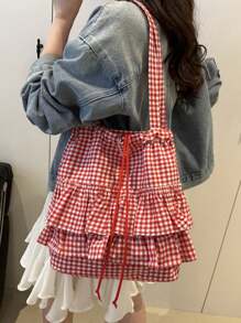 Ruffled Hem Plaid Tote Bag, Women's One Shoulder Underarm Handbag, New Design