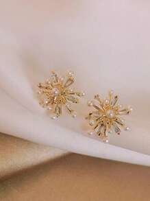 1 Pair Stylish Luxury Crystal & Faux Pearl Flower & Star Firework Stud Earrings, Suitable For Women Everyday Wear Jewelry