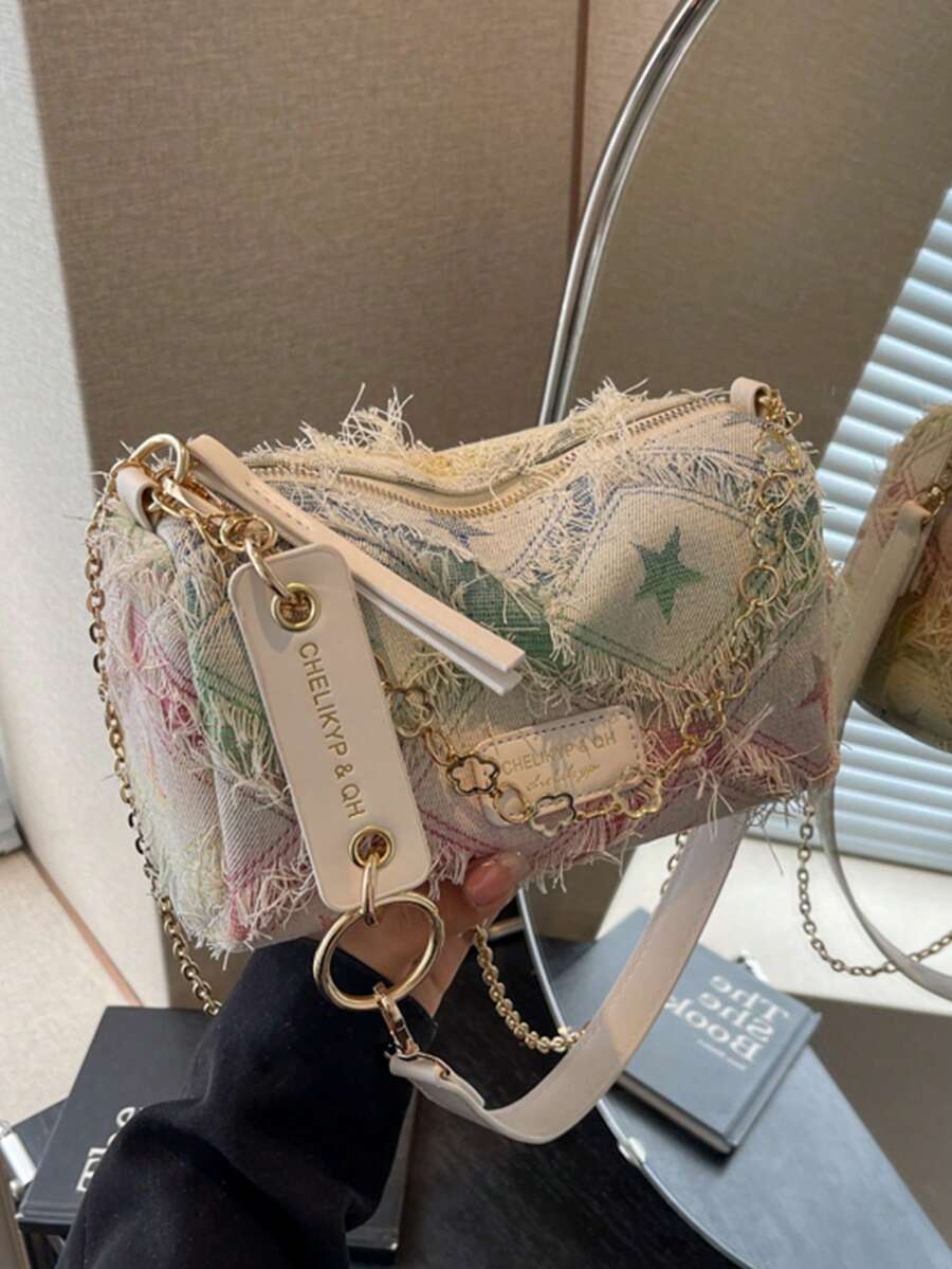 Women's Chain Strap Colorful Five-Pointed Star Color Blocking Canvas Shoulder Bagtrendy Star Print Women Bag