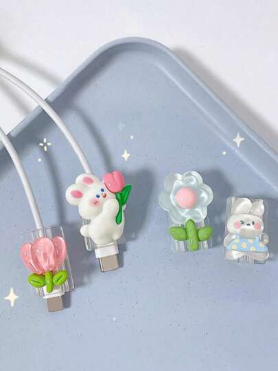 4pcs Rabbit & Flower Patterned Cable Protector Case Compatible With Apple Charging Cable, Anti-Breaking Charger Accessories, Phone Accessories