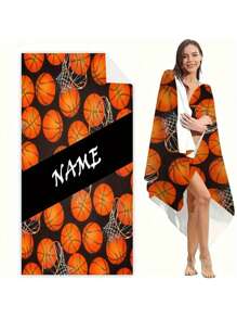 1 Stück Basketball Strandtuch - personalisiertes schnell trocknendes leichtes Outdoor-Handtuch mit modischem orange-schwarzem Basketball-Design, perfektes Geschenk für Sportfans, Männer und Frauen, geeignet für Pool, Strand, Camping und Urlaub, Poolzubehör, moderner Stil, strapazierfähiges Material