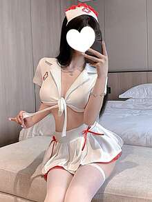 1 Set Sexy Lingerie, Nurse Costume, Swimwear, Nursing Student Tie-Up Allure Cosplay Outfit (Includes G-String + Headpiece) Halloween - Red and White - View 3