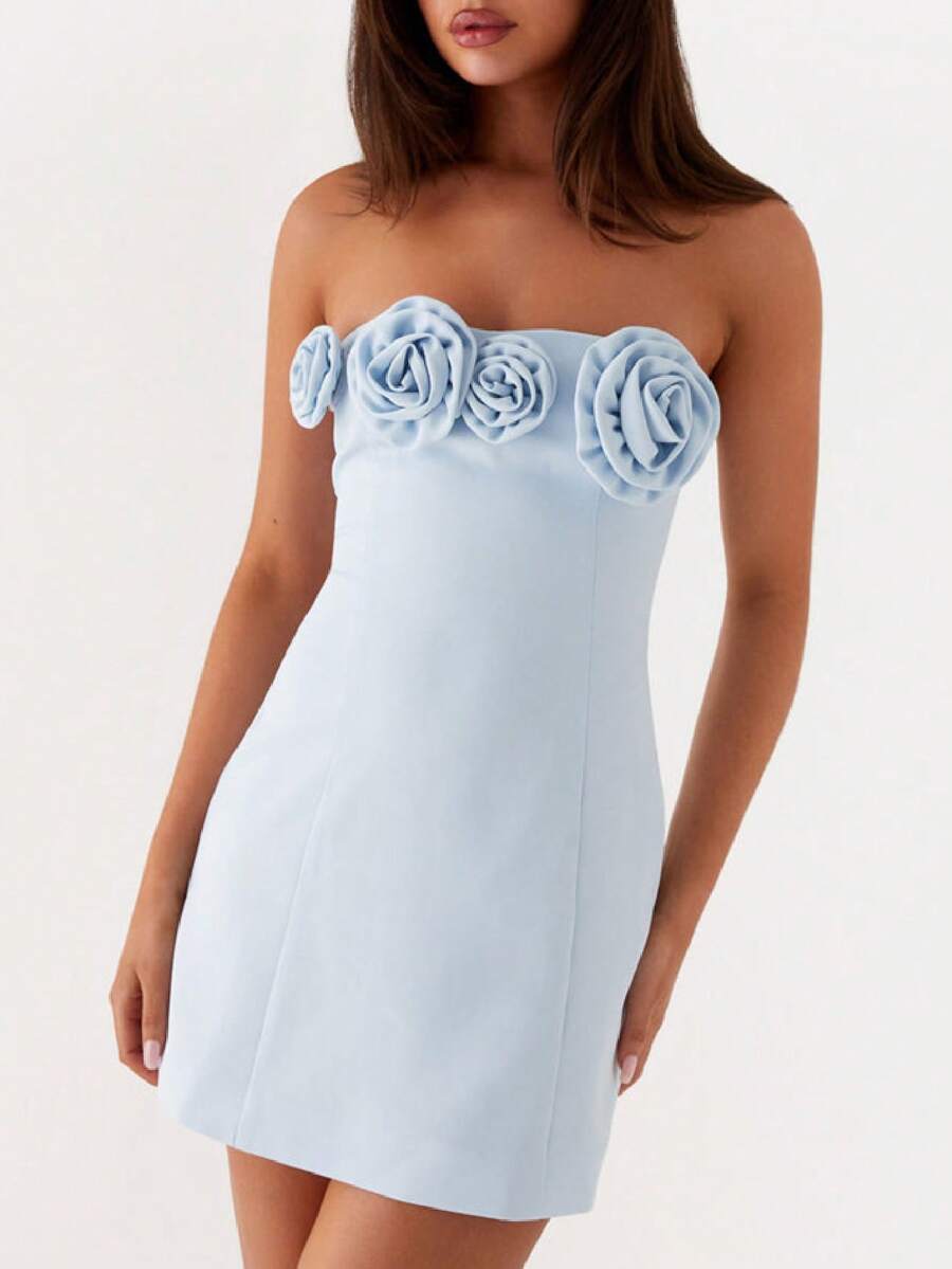 Women 3D Rose Flower Mini Dress Stain Strapless Homecoming Short Dresses Elegant Prom Cocktail Party Gown - 藍色 - 查看 1