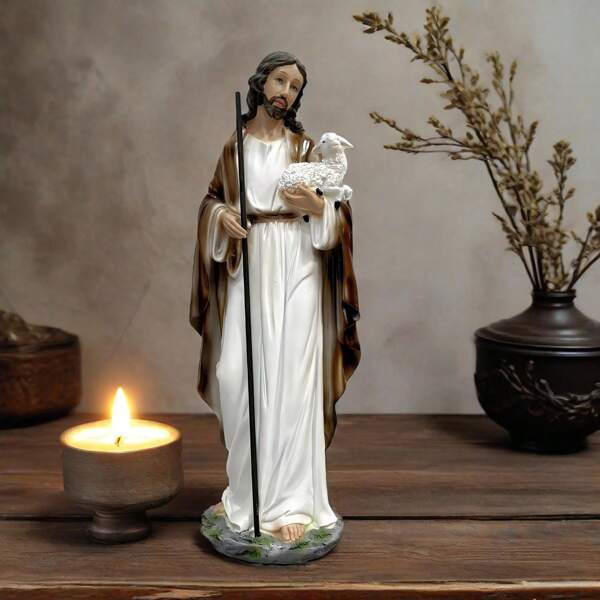 1 pieza Estatua del Buen Pastor Jesús - Figurilla religiosa católica tradicional, escultura de resina pintada a mano, decoración de sobremesa para el hogar, la iglesia o la oficina - Regalo espiritual para Navidad, Pascua, Día del Padre - Disponible en tamaños de 6", 8" y 12" - Simbolismo bíblico de guía y protección, decoraciones de iglesia, estatua clásica con atuendo, artesanía detallada, altar del hogar, estilo renacentista, detalles finos, figuras de colección, decoraciones navideñas