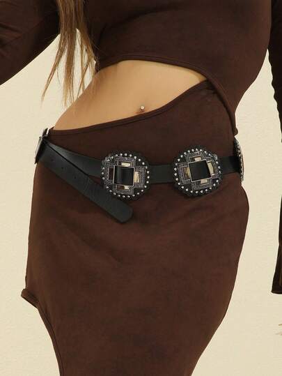 1pc Women's Vintage Western Style Rivet Embellished Dark Casual Belt