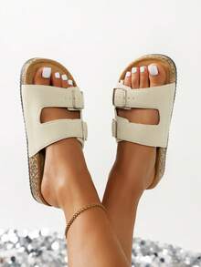 女士复古露趾透气凉鞋，舒适防滑拖鞋，适合室内外穿着 - 米色 - 查看 2