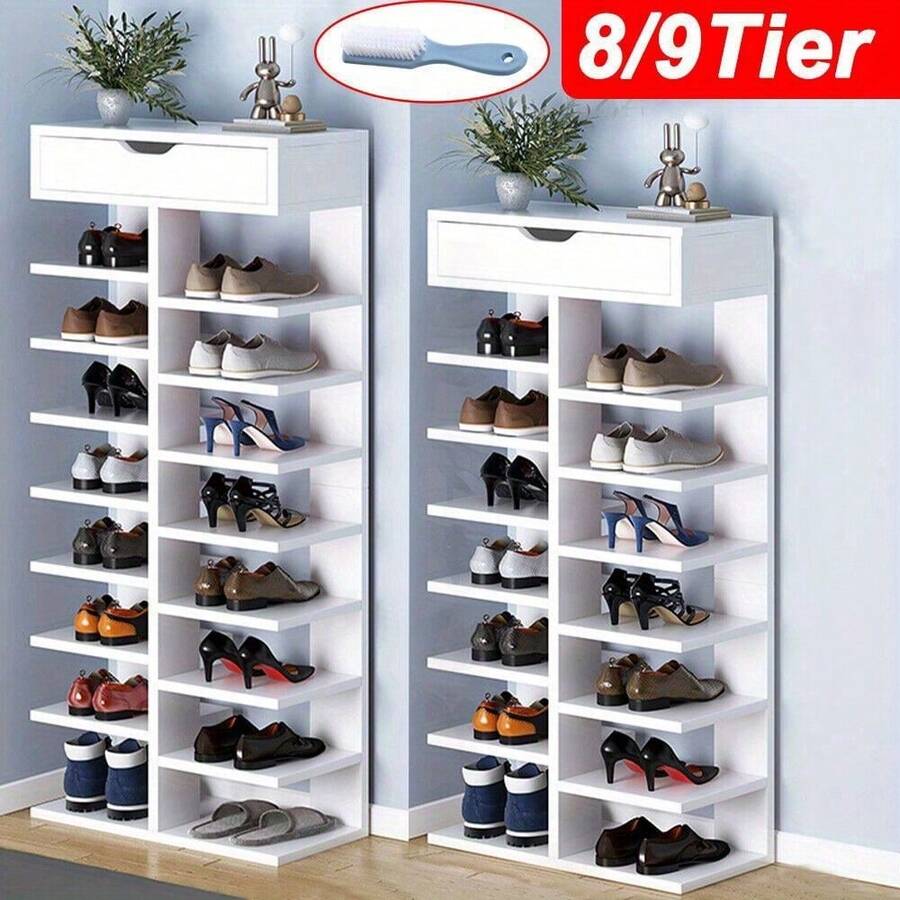 8/9 Tier Shoe Storage Rack Standing Cabinet Footwear Organizer Narrow Shelf Wood - White - View 1