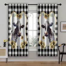 2 Panel Cow Farmhouse Kitchen Curtain Rod Pocket Short Sunflower Farm Animal Cow Plaid Pattern Living Room Bedroom Window Curtain
