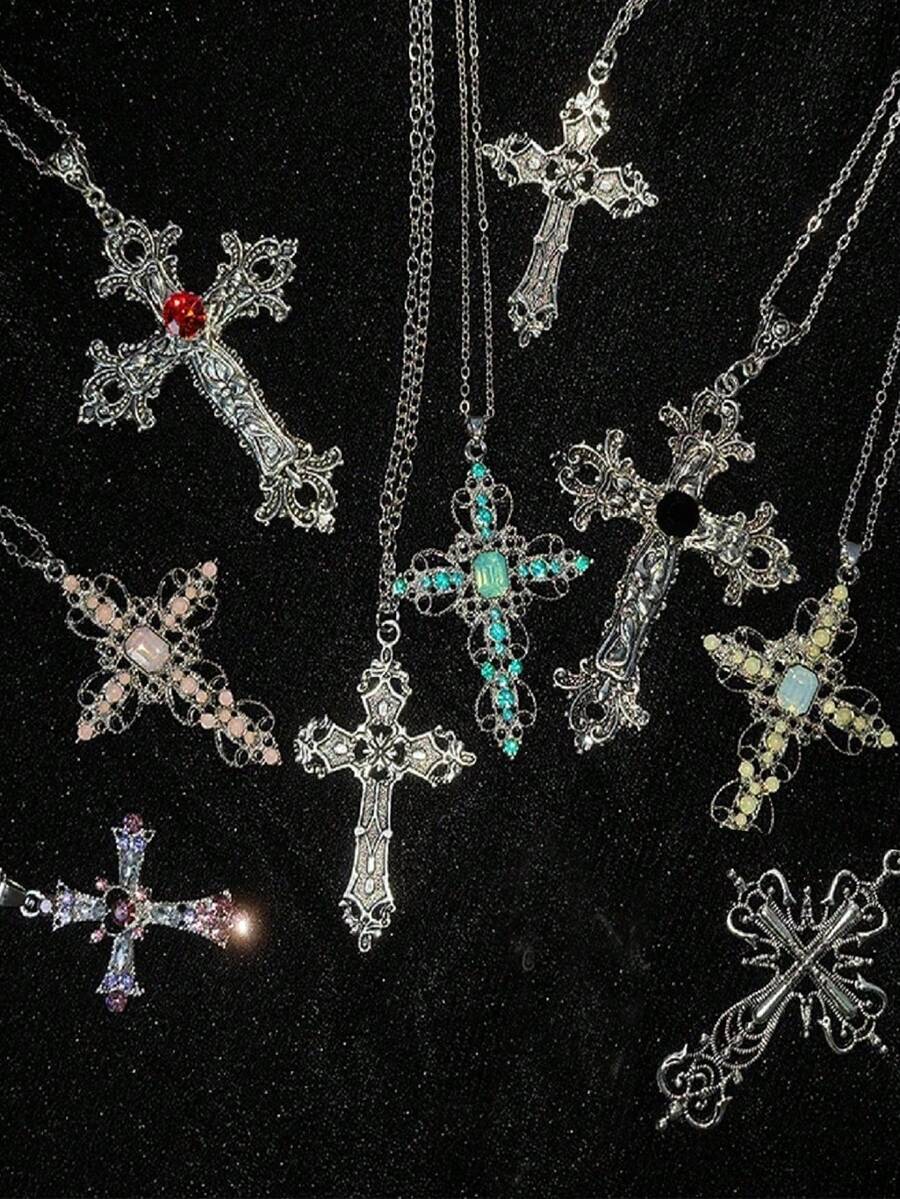9 件 Y2K 朋克水晶大吊坠项链 男女皆宜 哥特式不对称锁骨链项链 美学珠宝 - 十字 - 查看 1
