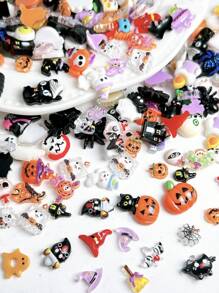 30Pcs Random Mixed ABS Cartoon Halloween Nail Charms 3D Pumpkin House Skeleton Ghost Witch Spider Cross Hat Nail Art Accessories DIY
