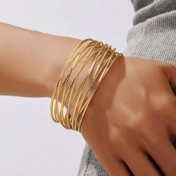 1pc Minimalist Multi-Layer Golden-Tone Metal Hollow Openwork Sand Chain Bracelet - Adjustable Cross Design For Women, Versatile Holiday Party Jewelry Gift