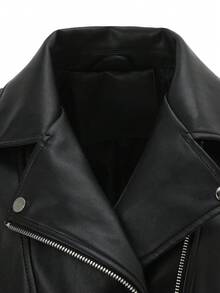 Women's PU Collar Jacket, Spring/Autumn New European And American Style, Solid Color Zipper Pockets Button Decor, Commuter Casual Travel Motorcycle Outwear - Black - View 5