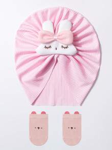 Set de 2 piezas de Gorro y Calcetines para Bebé Nuevo, Diseño Lindo de Conejo, Gorro Suave de Algodón de Primera Calidad con Calcetines Antideslizantes