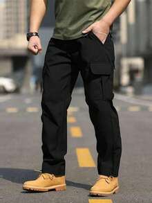 1pc Men Multi-Pocket Cargo Pants, Spring/Summer Casual, Beach, Daily, Running, Outdoor, Loose Fit, Workout, Jogger Straight Trousers - Black - View 2