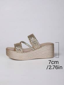 女士高品质金色编织拖鞋，舒适厚底厚底休闲夏季沙滩拖鞋，百搭日常穿着 - 金色 - 查看 8