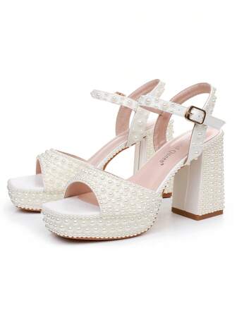 Damen 10cm Plateau Sandalen mit Blockabsatz und quadratischer Zehenkappe, Keilabsatz Plateau High Heels, perlmuttweißer Hochzeits-Braut-Party-Abiball-Formeller Kleider Abendschuh, Große Größen
