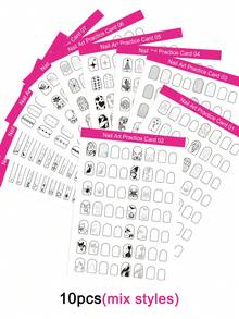 10张可重复使用的美甲描图练习卡，手工美甲练习卡，适合初学者，可用于美甲训练、展示、绘画练习，是美甲沙龙的必备工具。