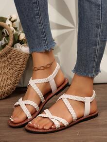 女士休闲时尚条纹交叉编织纯色露趾平底松紧带凉鞋，夏季 - 米色 - 查看 4