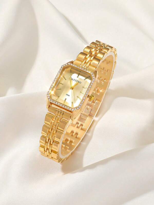 CARYINO 1 pièce Montre femme bracelet en acier inoxydable CARYINO, forme carrée classique, élégante et polyvalente avec zirconium incrusté, mouvement à quartz, convient pour un port quotidien, au bureau ou aux fêtes