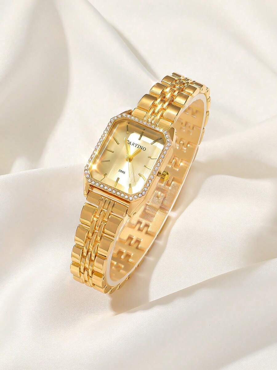 CARYINO 1 件不锈钢表带女士手表，经典方形，优雅百搭，镶嵌锆石石英表，适合日常佩戴、商务、聚会