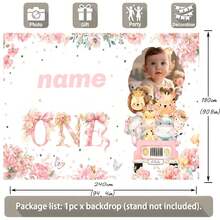 1pc Customizable Name & Photo 1st Birthday Pink Jungle Animal Happy Birthday Photography Backdrop, Cute Animal & Palm Leaf Pattern, Personalized, Suitable For Birthday Party Design Background Decoration Vinyl Banner