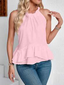 Women Casual Solid Color Ruffle Halter Neck Sleeveless Top, Summer - Baby Pink - View 3