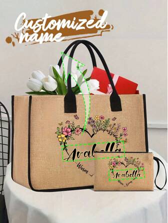 Personalized Customization, Featuring A Heart-Shaped Flower Wreath, Letter Patterned Handbag And Makeup Bag, Large Capacity Handbag Set, Shoulder And Handheld. Ladies' Large Capacity, Multifunctional Handbag, Makeup Bag,New Year Glamour