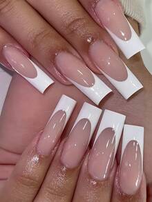 48 件方形白色尖头法式假指甲套装，含美甲锉，让手指和脚趾更迷人，适合所有女性 - 白色 - 查看 2