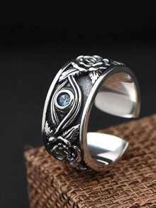 1pc Vintage Silver Horus Eye Open Ring, Adjustable Size Men's Retro Punk Style Rings, Gift For Him - Antique Silver - View 5