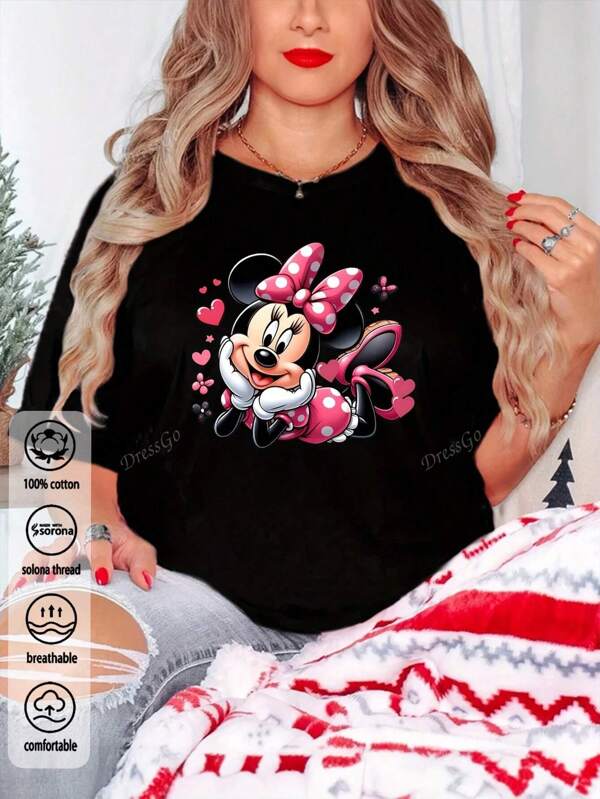 Minnie Mouse, geribbeld katoenen dames T-shirt, collegestijl lente zomer nieuwe sport dames, gedrapeerd mode zacht ademend dames korte mouwen strakke hoge stretch top