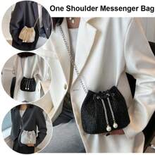 Crossbody Bag With Chain For Women, Shiny Rhinestone Satchel Bag, Solid Color, Drawstring, Shiny, For Dinner And Party