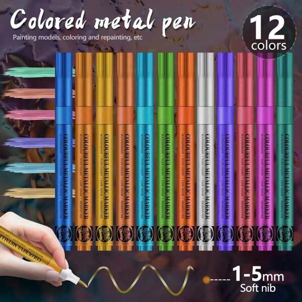 12 colori di pennarelli acrilici metallici, punte morbide per arte di unghie, pittura, disegno, calligrafia, graffiti a base di olio, forniture scolastiche, back to school