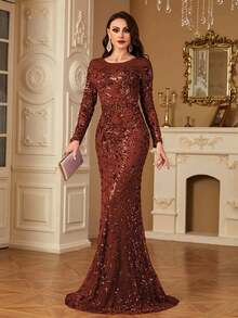 hezixi Đầm dạ hội dáng đuôi cá dài tay cổ tròn, chất liệu co giãn, đính sequin, phù hợp cho nhiều dịp tiệc tùng, lễ tốt nghiệp, đám cưới, sự kiện và tiệc chiêu đãi. Tiệc mùa xuân. - Rỉ Nâu - Xem 5