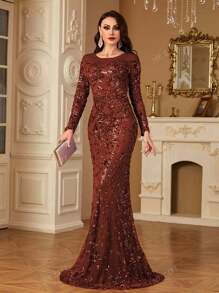 hezixi Vestido de noche de ajuste ceñido con cuello redondo, mangas largas, y bajo de cola de sirena con lentejuelas elásticas. Adecuado para diversos eventos, graduaciones, bodas y diversos banquetes.