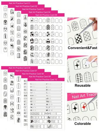 10Pcs Reusable Nail Art Tracing Card Practice Sheet Card Handmade Nails Art Practicing Cards For Beginner Nail Art Training Card Display Card Board Nail Designing Painting Practice Boards Nail Salon Accessory Tools