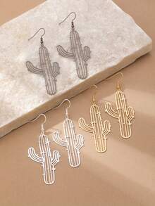 1 Pair Boho Western Style Hollow Cactus Design Dangle Earrings, Suitable For Women's Everyday & Holiday Wear - Earrings - View 9