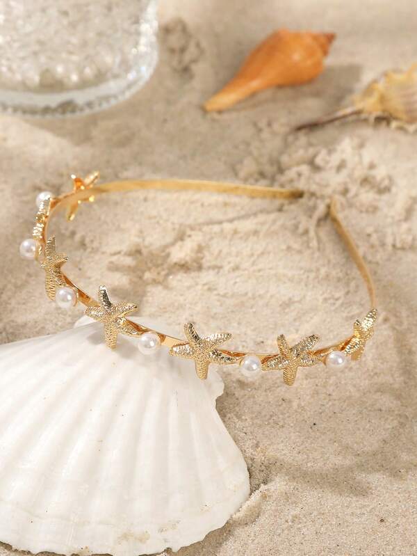 1 buc bentiță metalică cu perle artificiale, cu decorațiuni cu stea și scoici, accesoriu de păr pentru femei, bijuterii pentru evenimente festive, petreceri și purtare zilnică, bentiță de păr pentru femei, accesorii de păr, cerc de păr, piesă pentru cap