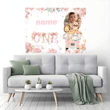 1pc Customizable Name & Photo 1st Birthday Pink Jungle Animal Happy Birthday Photography Backdrop, Cute Animal & Palm Leaf Pattern, Personalized, Suitable For Birthday Party Design Background Decoration Vinyl Banner