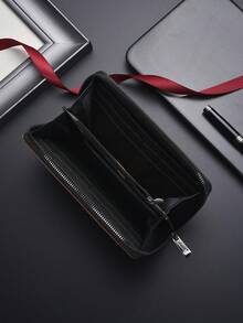 SHABILI 1 件纯色 PU 皮革拉链大容量钱包商务手拿包男士通勤日常钱包钱包长款钱包腕带钱包 - 黑色 - 查看 4