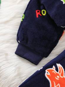 Chatreadl 男童两件套休闲可爱酷炫恐龙毛绒夜光长袖长裤家居服套装适合秋冬季 - 藏蓝色 - 查看 8