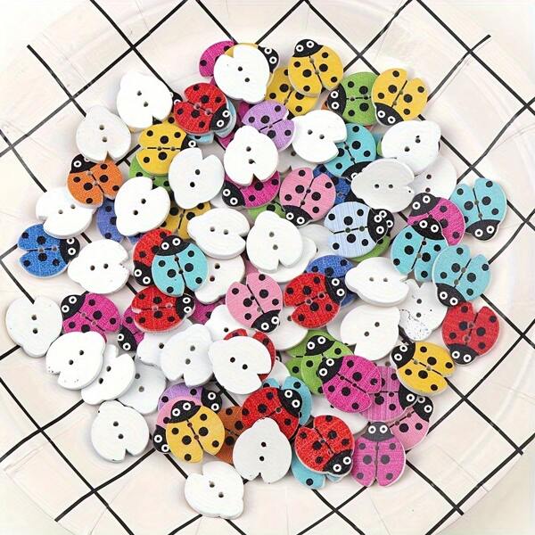[Ladybug Buttons] 50pcs Mixed Ladybug Wooden Buttons | With 2 Holes For Clothing, Needlework, Scrapbooking - DIY Crafts Accessories