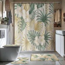 1/4 Stück Vintage Blumen & Blatt Badezimmer Set, beinhaltet Duschvorhang, Badematte, U-förmiger Toilettendeckel, wasserdicht, ohne Bohren, moderner Stil Duschvorhang, Polyester, maschinenwaschbar, Badezimmer Deko für den Schulanfang