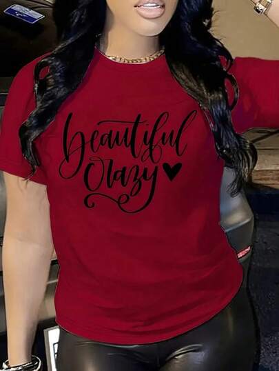 Camiseta Casual de Manga Corta para Mujer - Marrón con Letras en Cursiva "Beautiful Crazy" y Diseño de Corazón, Cuello Redondo Medio Elástico, Cómoda para Todas las Estaciones Lavable a Máquina, Tops Bonitos de Manga Corta, Ropa Casual Elegante, Tejido de Elasticidad Media