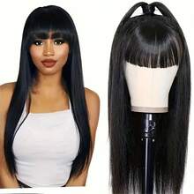 Silky Straight Human Hair Wigs With Bang Full Machine Made Wigs 8-30inch For Women Natural Color Remy Brazilian Human Hair Wigs 250% Density - Natural Black - 查看 3