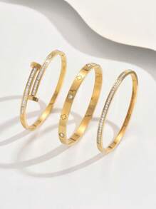 1/3pcs French Elegant And Fashionable Lucky Four-Leaf Clover And Starry Sky Zirconia Bracelet Set, 18K Gold-Plated Mirror Polished, Vacuum Electroplated, Waterproof And Not Easy To Fade Stainless Steel Bracelet Set, Women's Jewelry, Suitable For Women's Gatherings