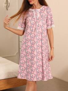 浪漫睡衣，女士优雅法式粉色碎花睡衣，浪漫蕾丝边短袖荷叶边下摆柔软涤纶混纺睡裙，适合春夏季，Moo Moo - 粉色 - 查看 1