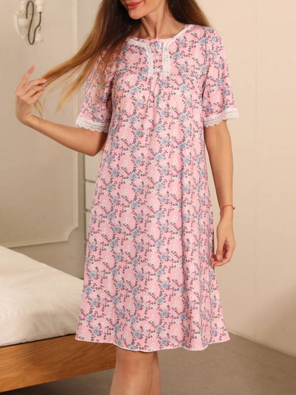 Romantic Sleepwear, Women Elegant French Pink Floral Sleepwear, Romantic Lace Trim Short Sleeve Ruffle Hem Soft Polyester Blend Sleep Dress, Suitable For Spring/Summer, Moo Moo